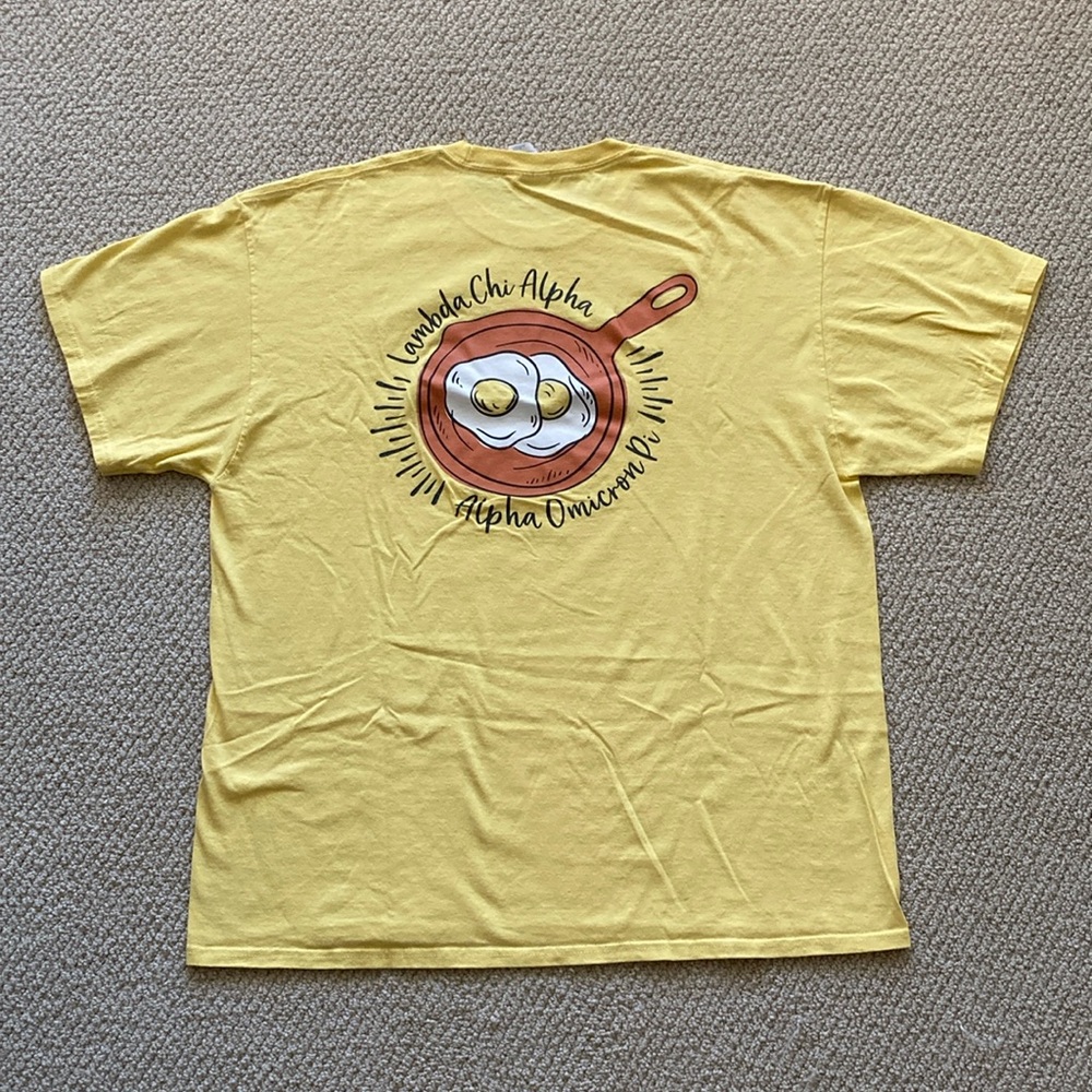 Port & Company Lambda Chi Alpha Alpha Omicron Pi Springfest Yellow T-Shirt EUC